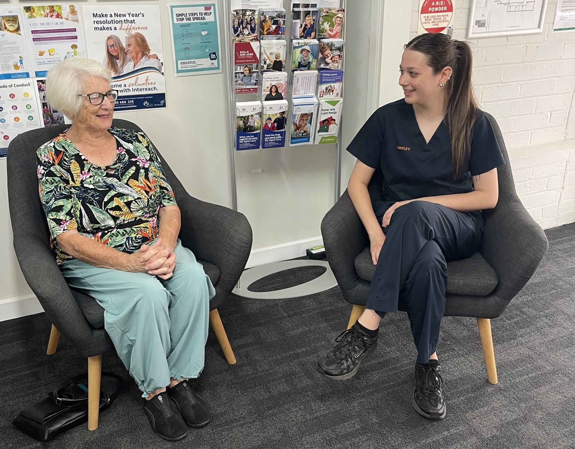 Intereach aged care worker Hayley Ferrinda chats with
